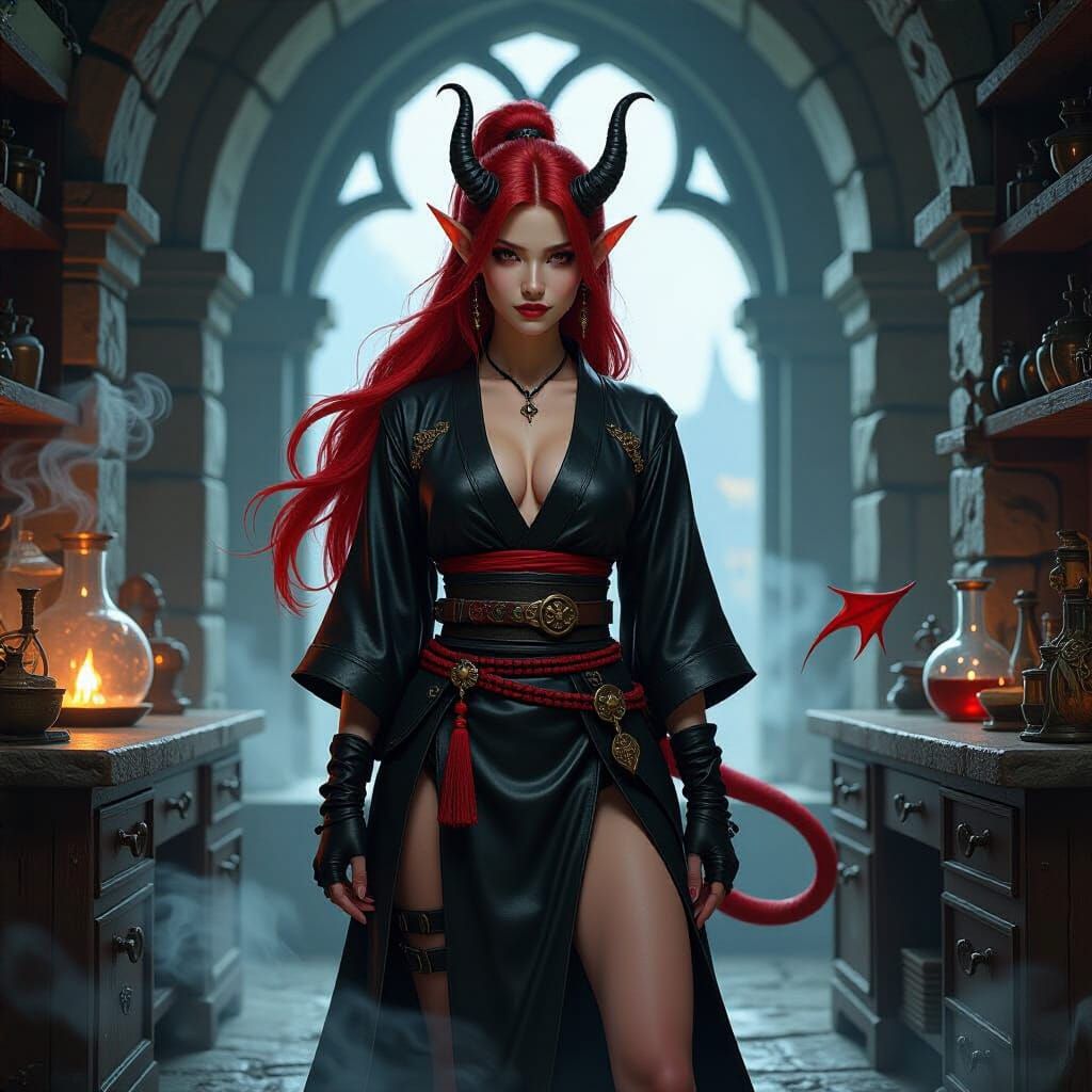 Tiefling Alchemist in Shadowy Laboratory, East Asian Art Sty...