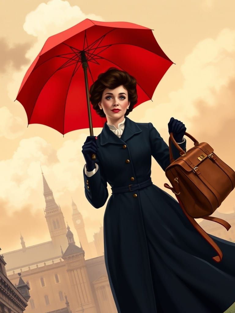 Mary Poppins Descending with Umbrella and Bag over London