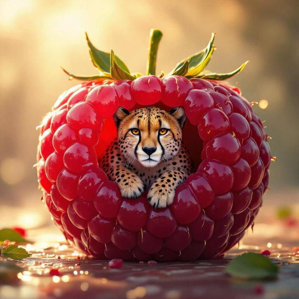 Hyperrealistic Cheetah in Giant Raspberry
