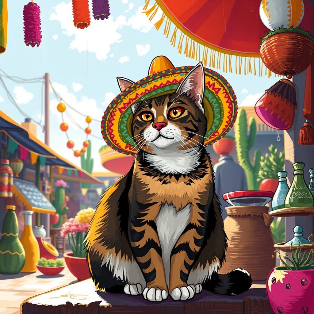 Cat in Sombrero in Mexican Marketplace