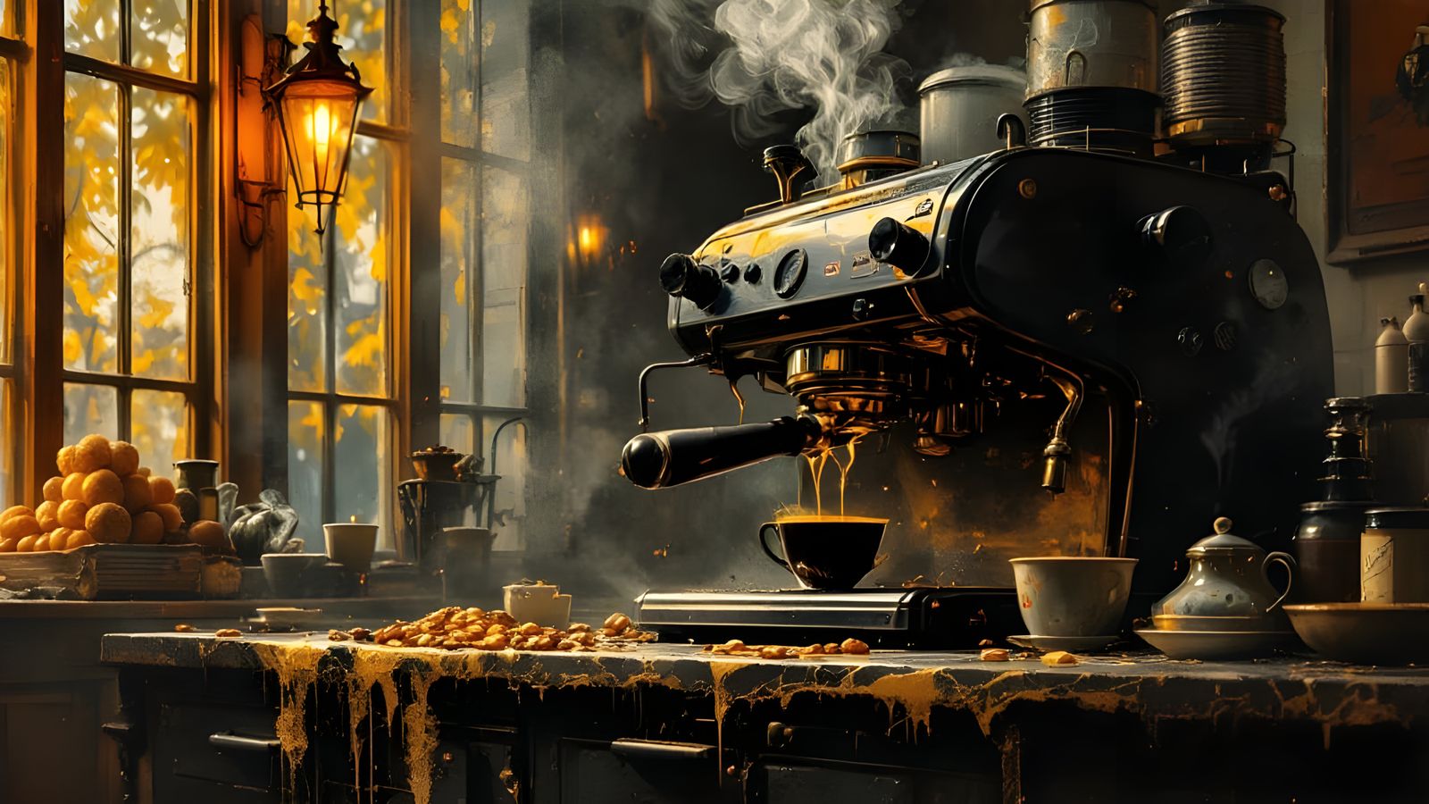 Industrial Coffee Machine Scene in Oil Painting Style
