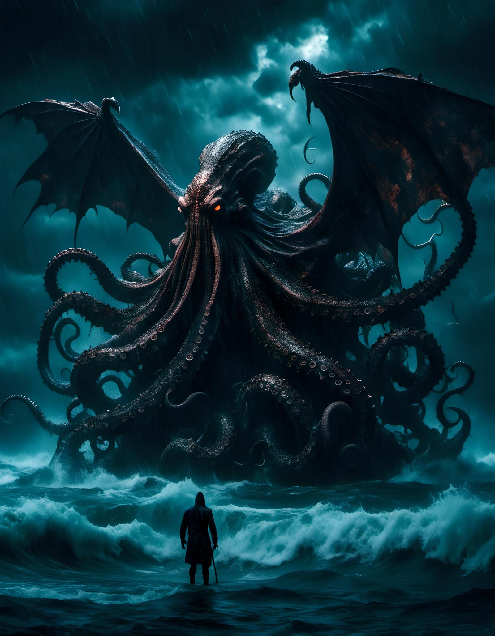 Devious Octopus God Emerges from Sea, Gouache Style