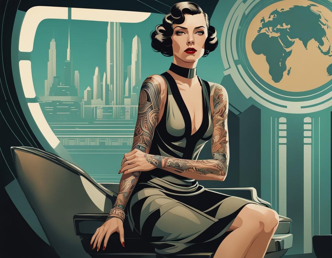Retro-Futuristic Woman with Tattoos in Art Deco Style