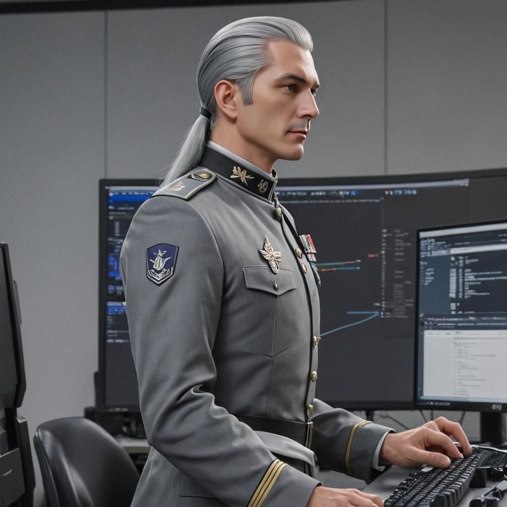 Anime Style Man in Military Uniform Before Monitors