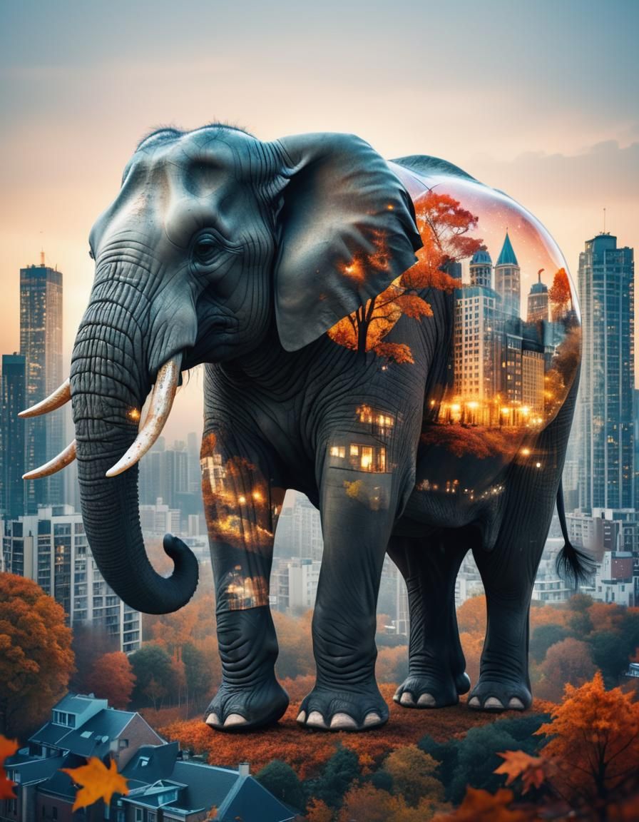 Transparent Elephant with Cityscape in Autumn Forest