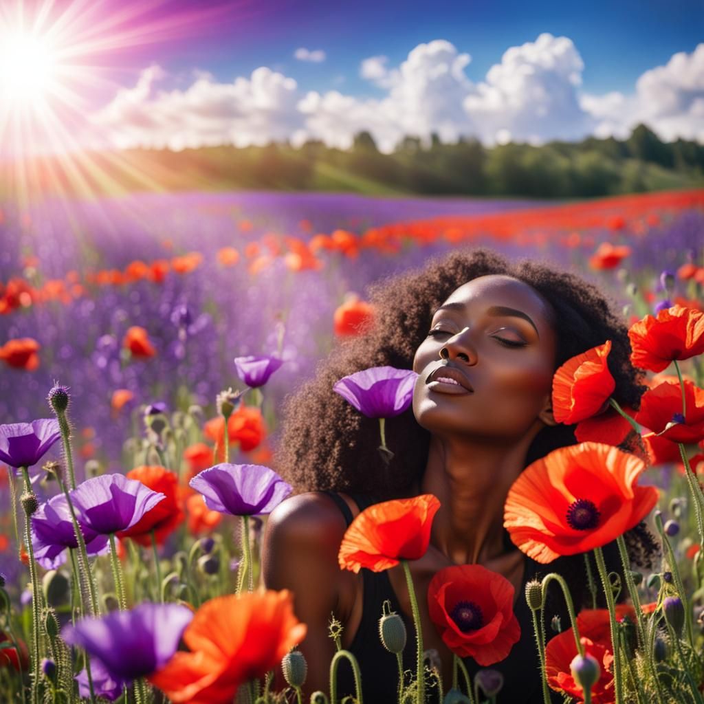 Girl in Field of Red and Violet Poppies