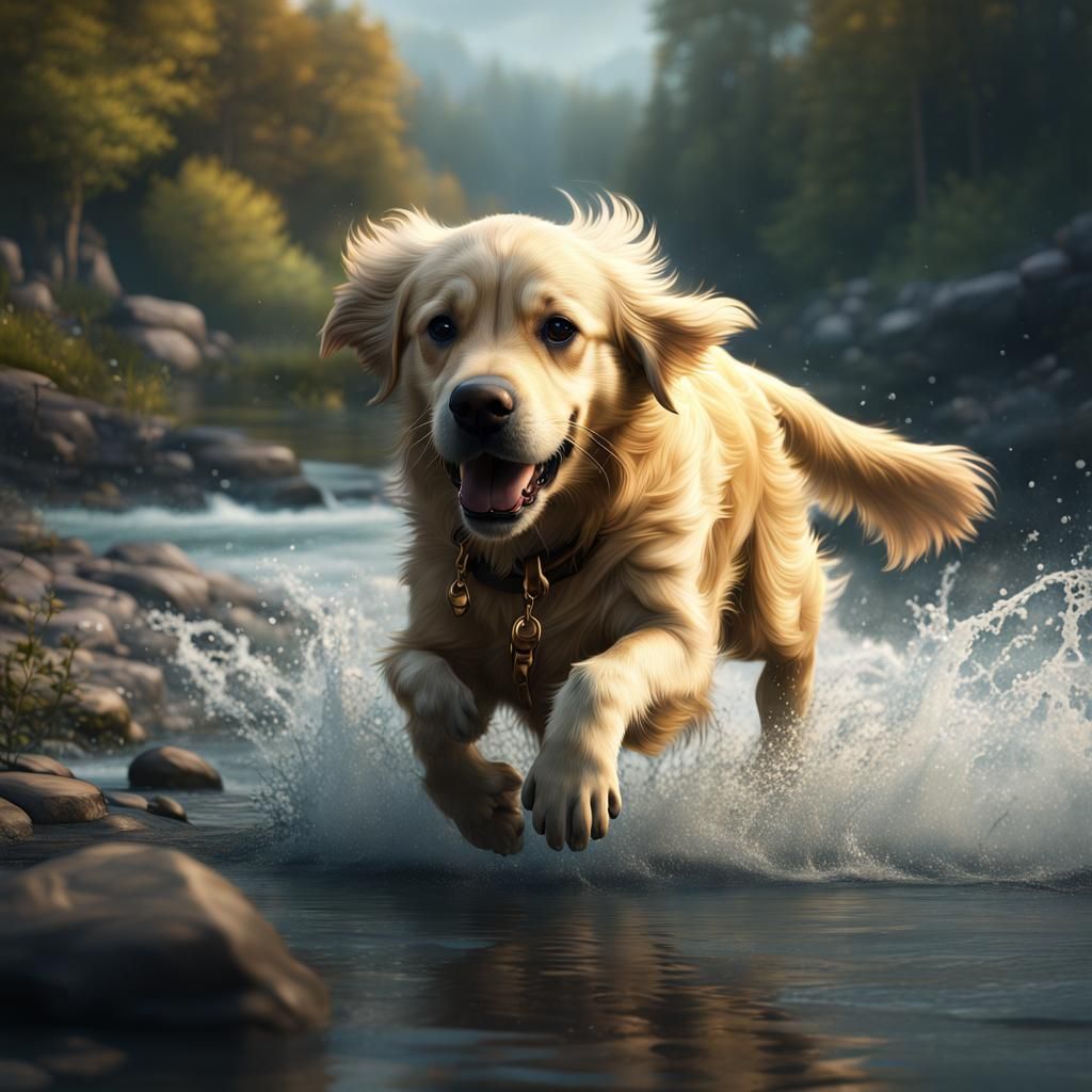 Golden Retriever Puppy Running: Fantasy Concept Art