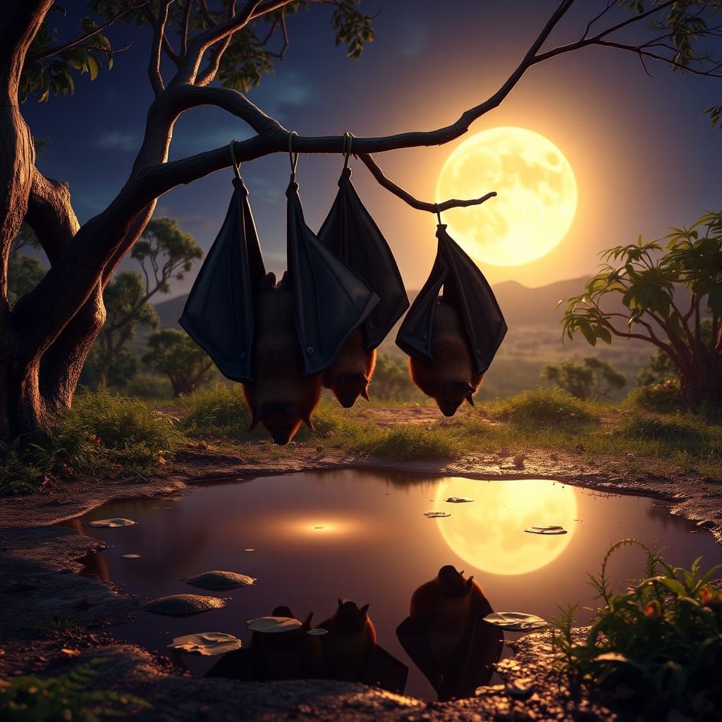 Australian fliying foxes, hanging heads down from a tree branch in fullmoon night scene reflecting at a puddle. Typical ...