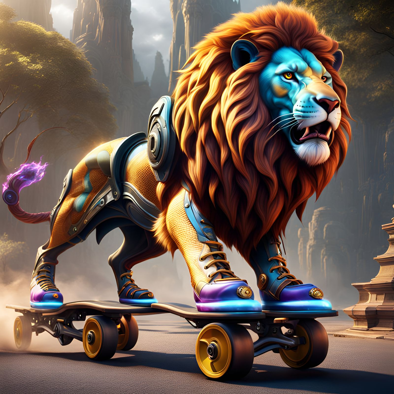 Lion Rollerblading: Detailed Fantasy Concept Art