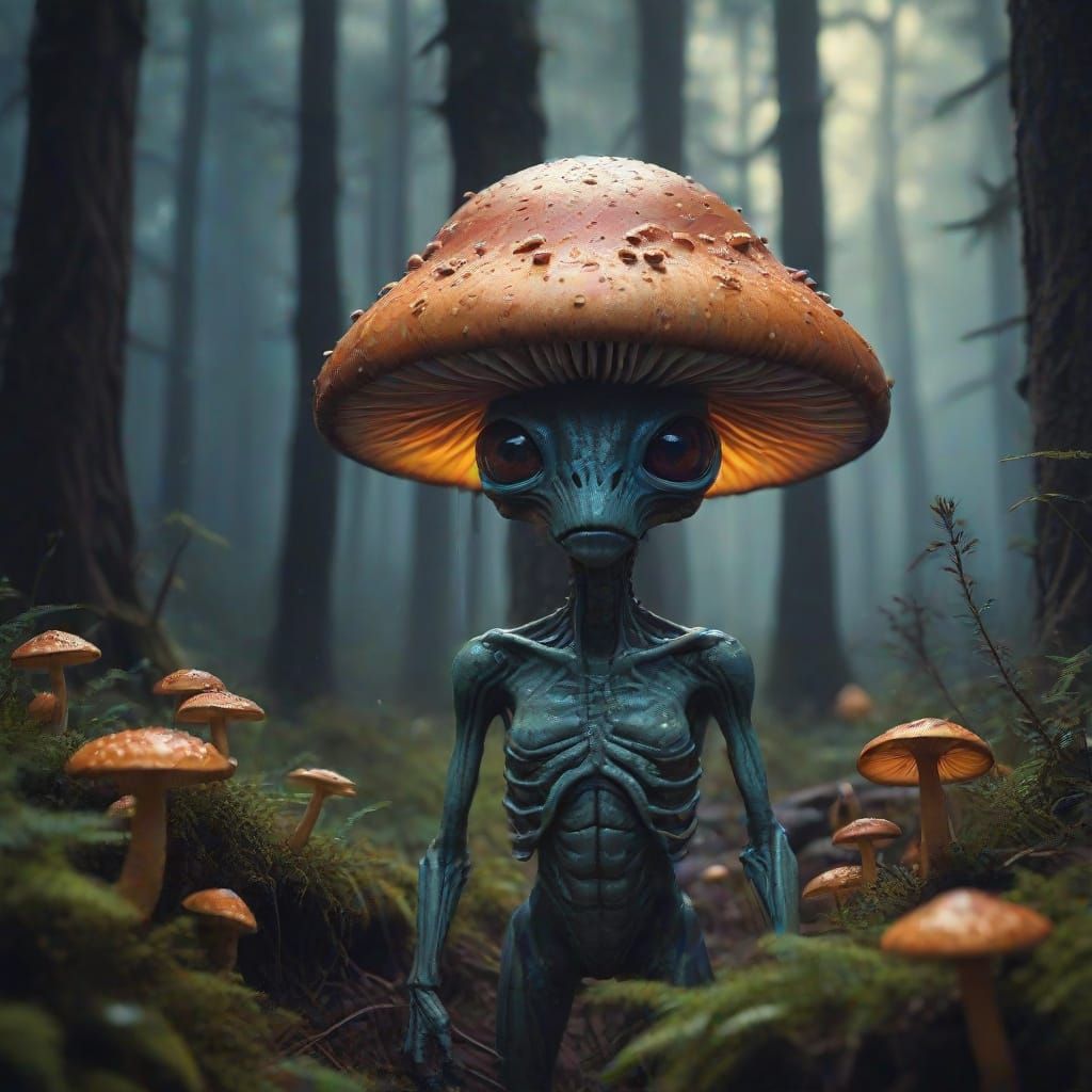 Surreal Mushroom Alien in Forest, Digital Painting