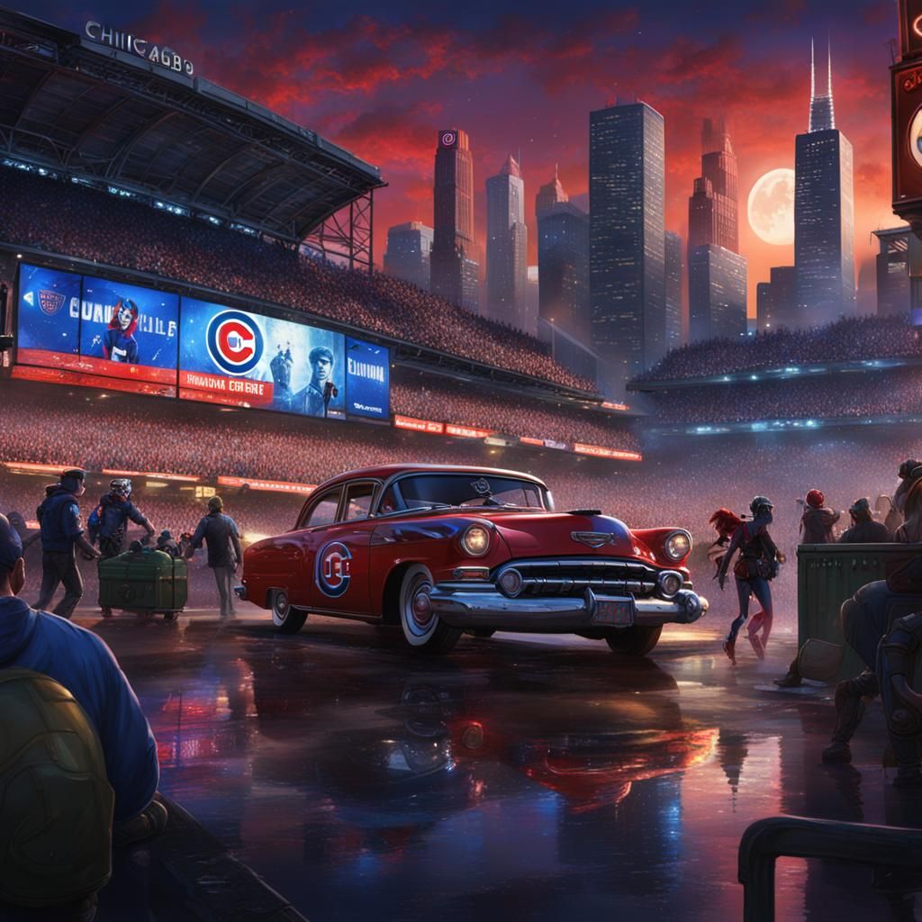 Harley Quinn at Cubs Game: Water Painting Cityscape