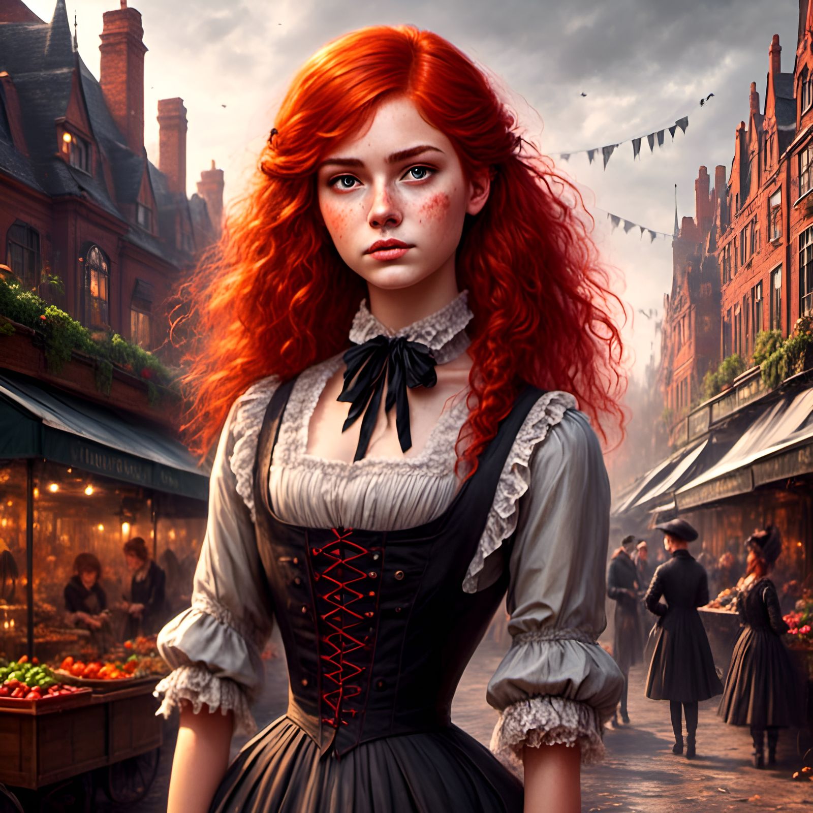 Victorian Market Maiden with Red Hair Illustration