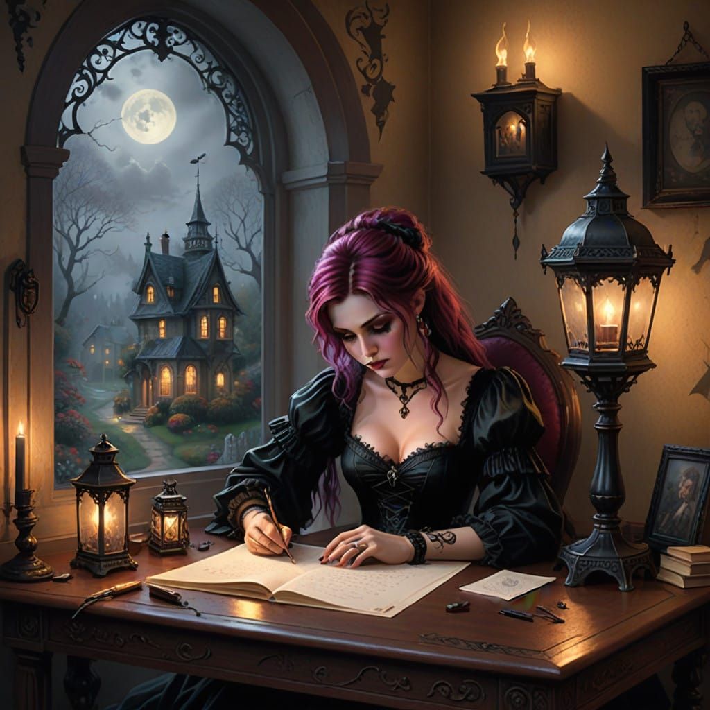 Ethereal Gothic Woman Writes in the Shadows