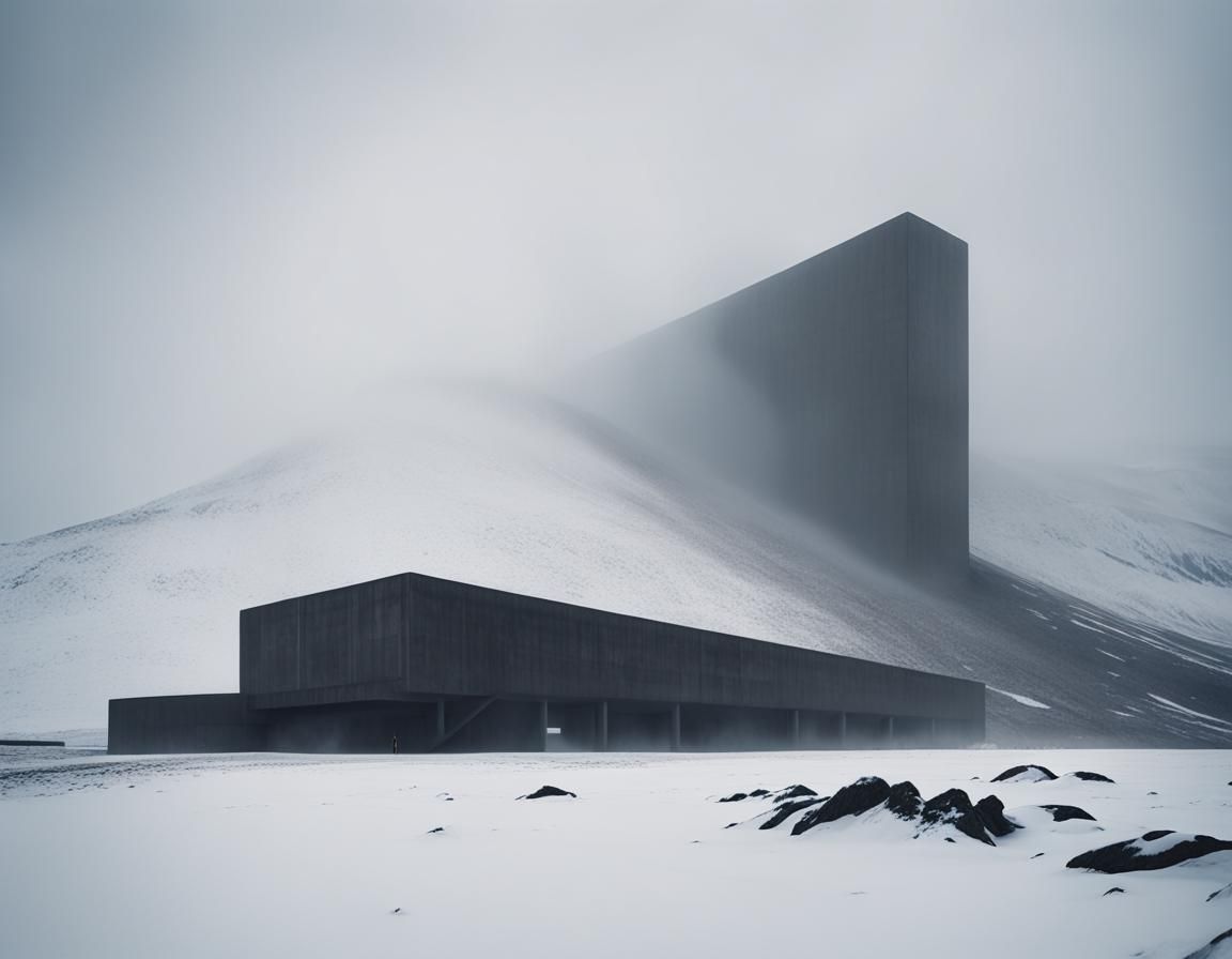 Futuristic Brutalist Structure in Moody Scandinavian Landsca...