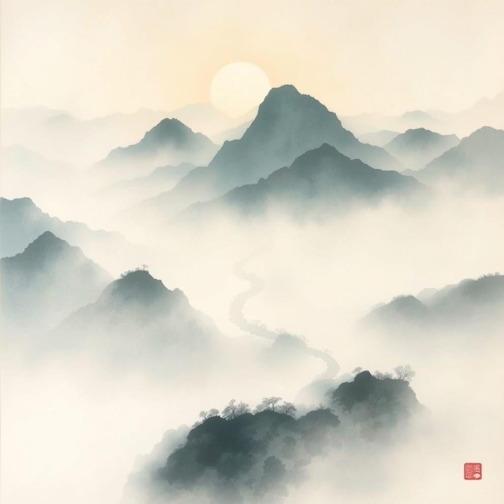 Mist-Shrouded Mountains at Sunrise in Watercolor Style
