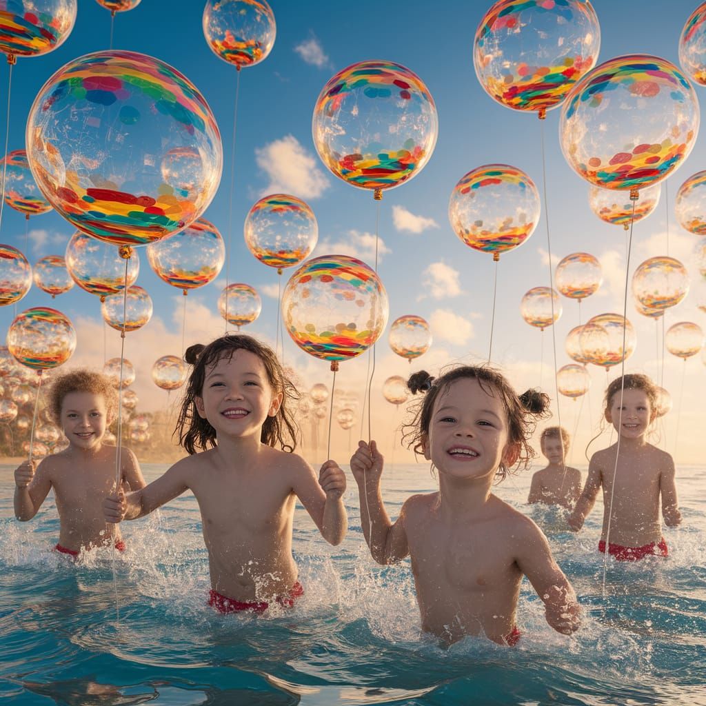 Children Playing with Rainbow Balloons on Beach