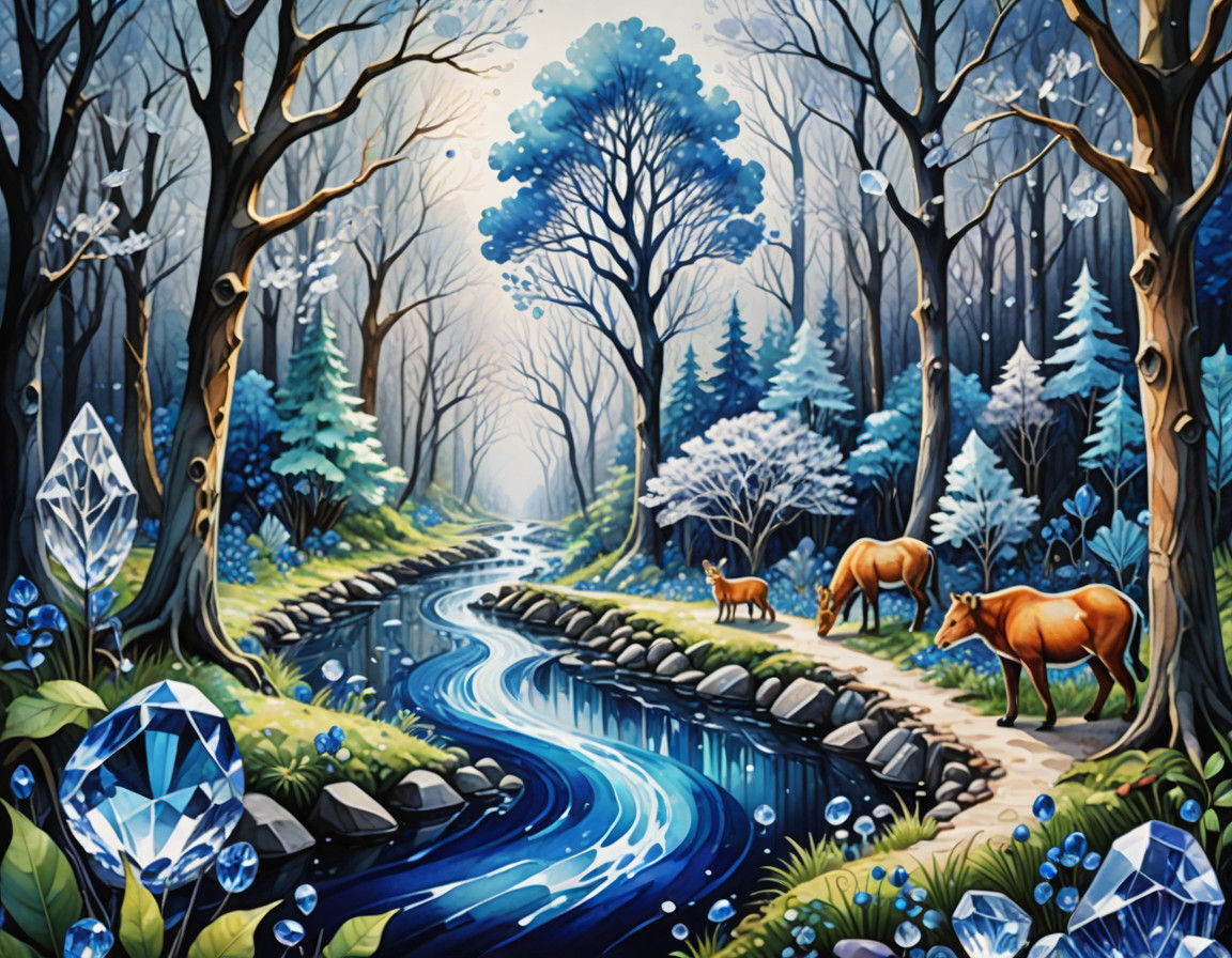 Surreal Crystal Woodland in Vibrant Watercolor Style