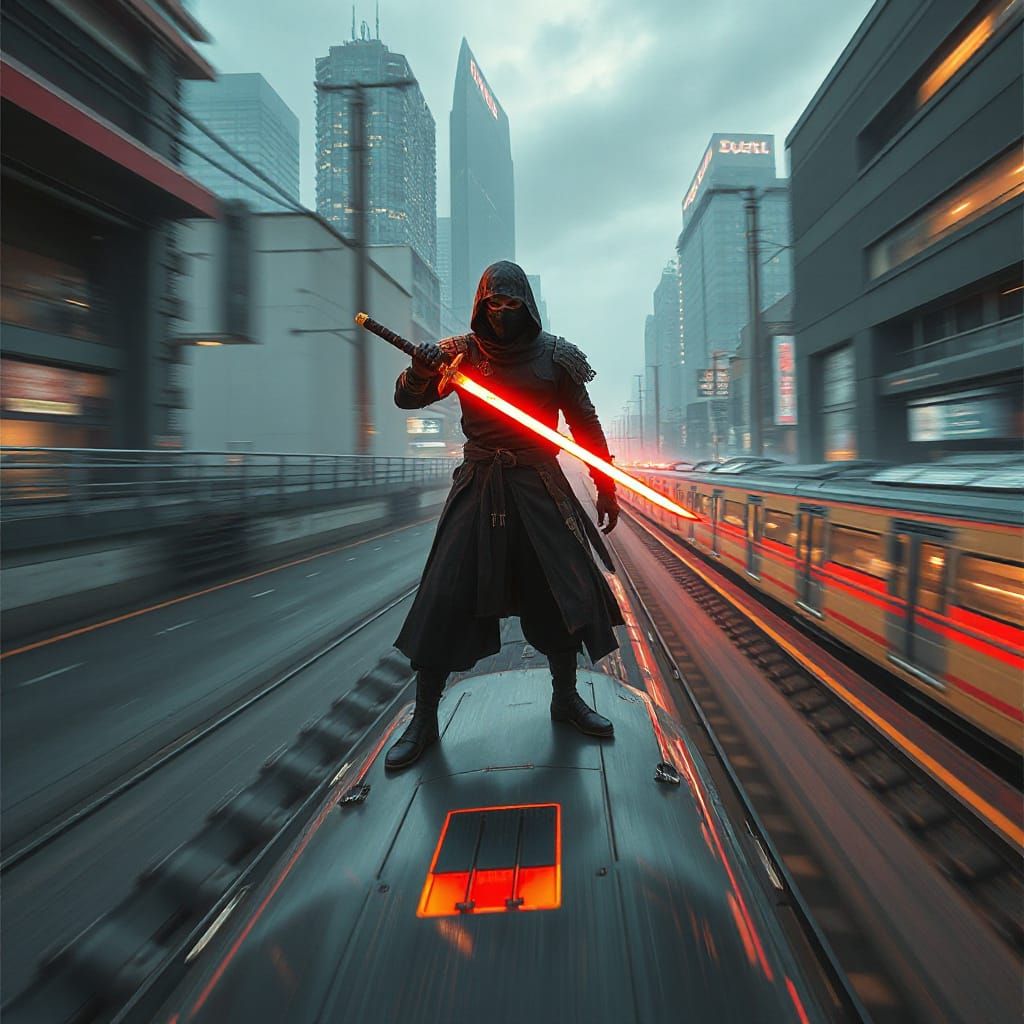 Cyberpunk Ninja on Bullet Train with Glowing Katana