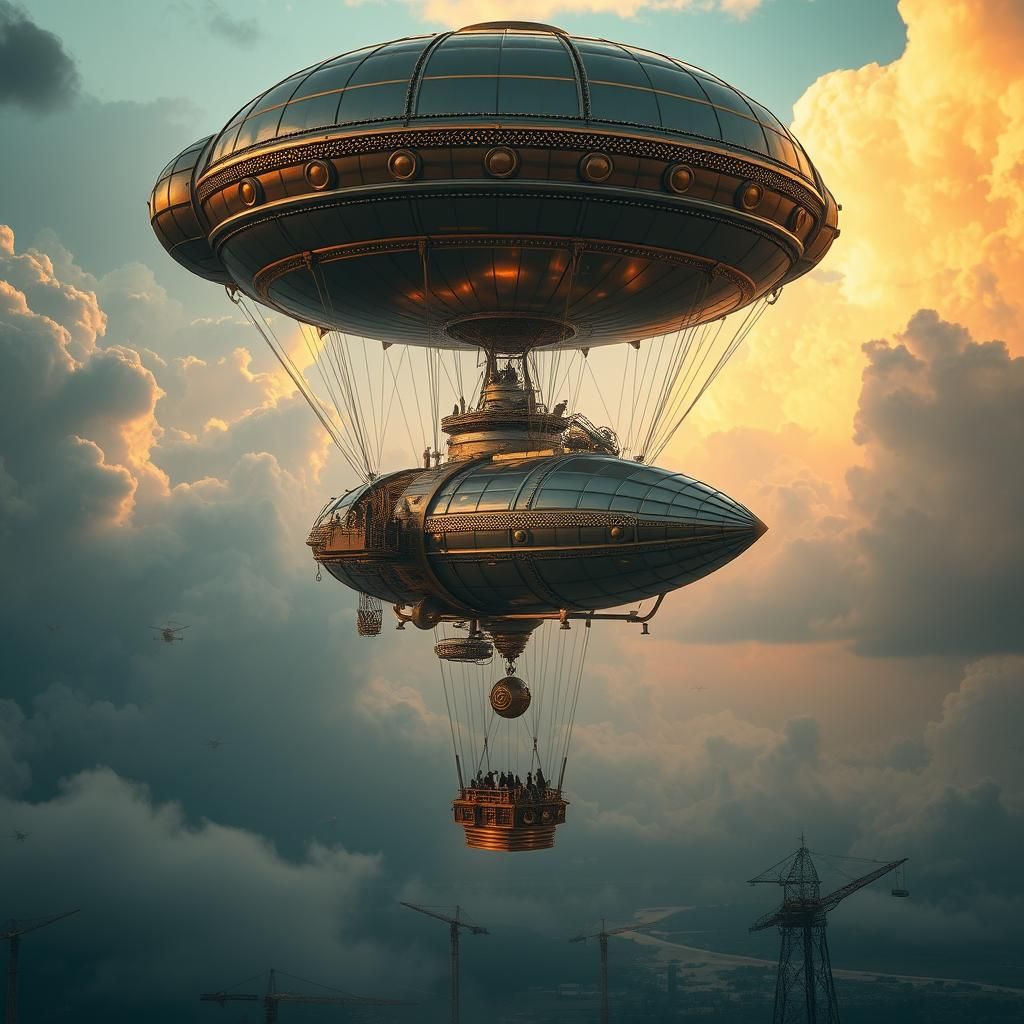 Steampunk Sky City with Airships in Golden Light