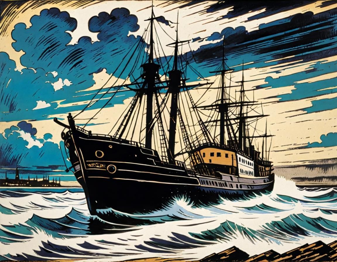 (Expressionist woodcut print by Emil Nolde:1.3), old ship, storm, textured wood surface. 19th Century Romantic Era (rupt...