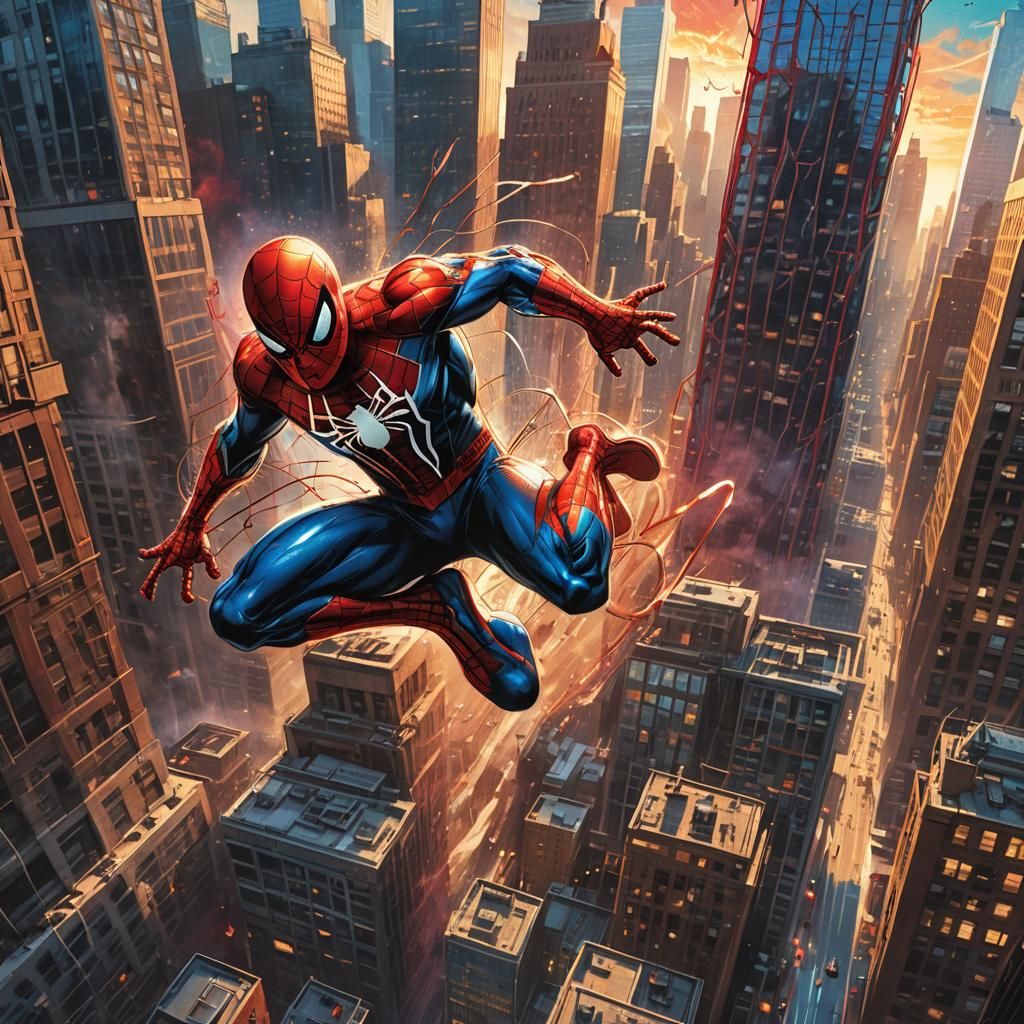 Spider-Man Skyscraper Jump in Comic Book Style