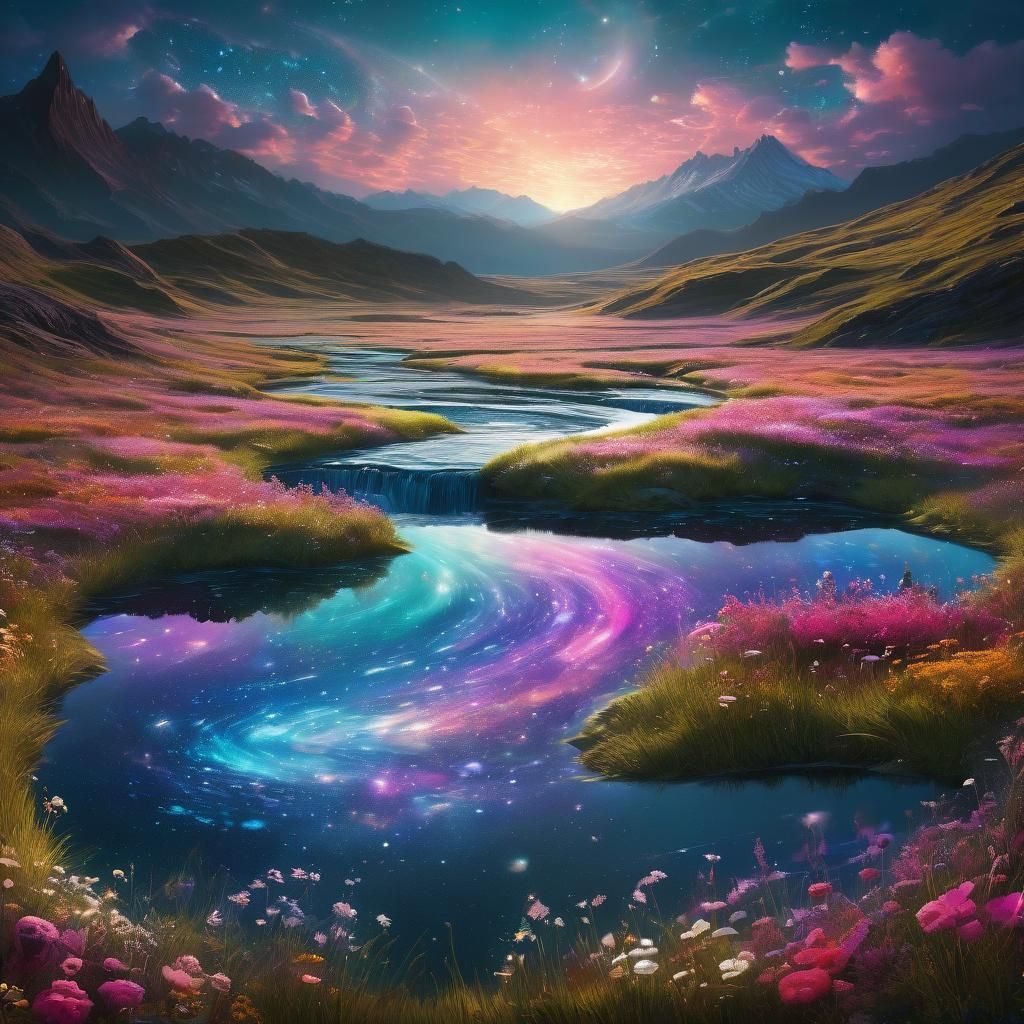 Surreal Landscape with Floating Islands and Galaxy Sky