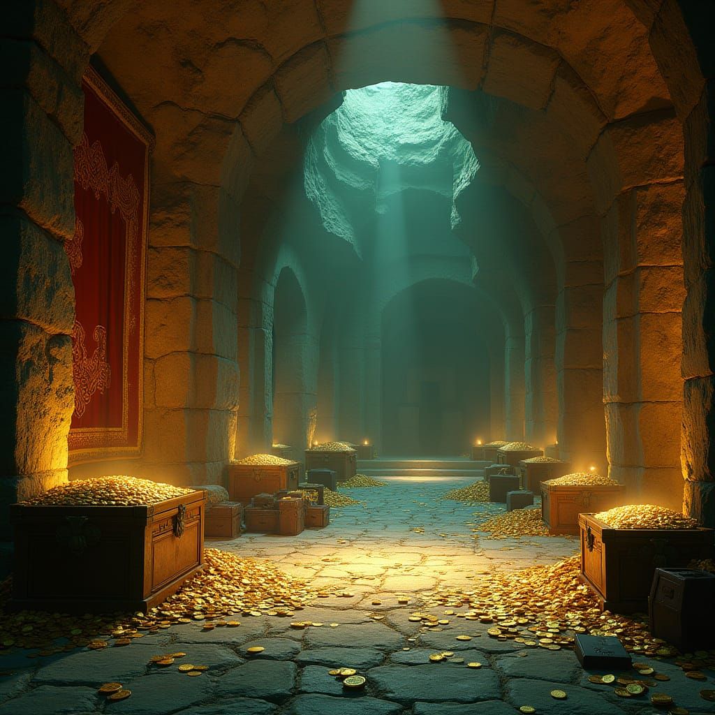 Mystical Temple Interior with Spanish Gold Coins