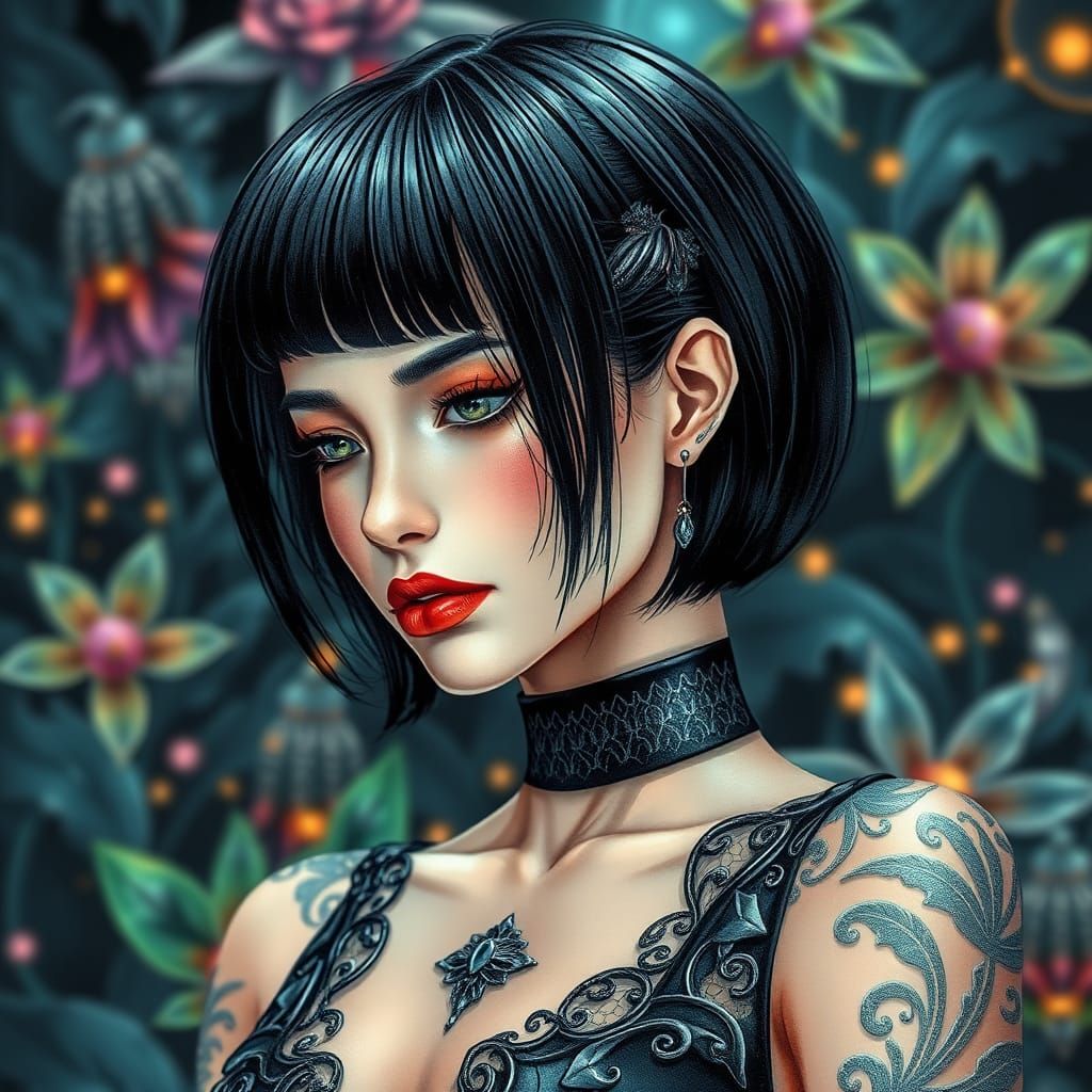 Elegant Woman in Modern, Cyberpunk-Inspired Botanical Settin...