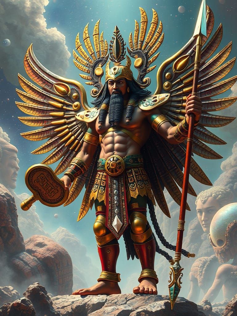 Ninurta / anunnaki / with a mechanical device on his back fo...