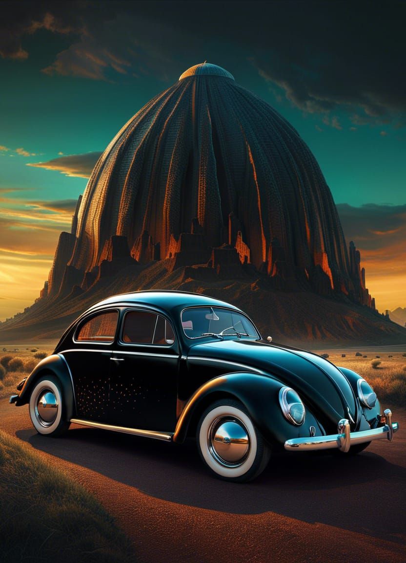 Surreal Black Volkswagen Beetle: Matte Painting