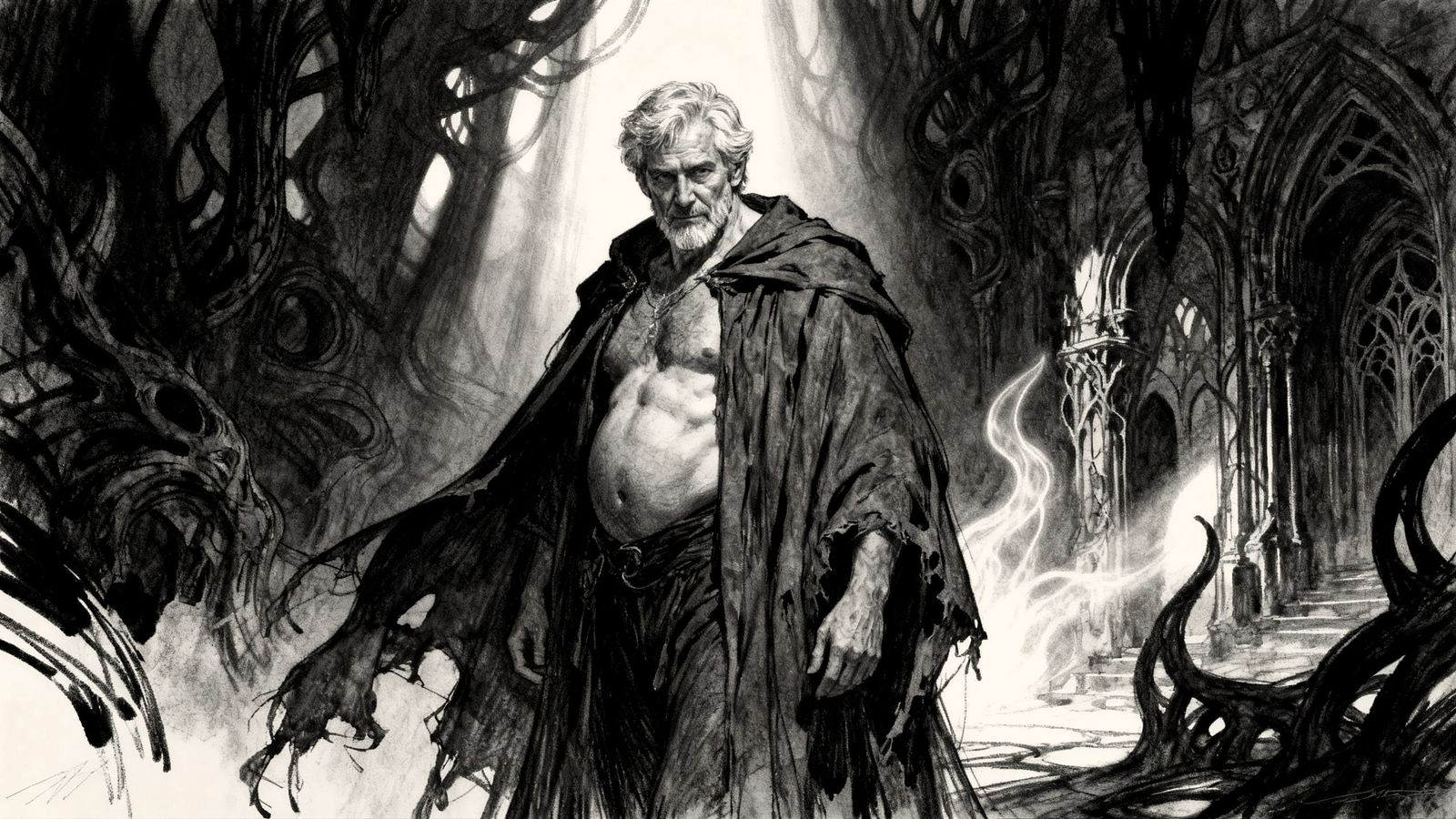 Rugged Man in Labyrinth as Pencil Sketch