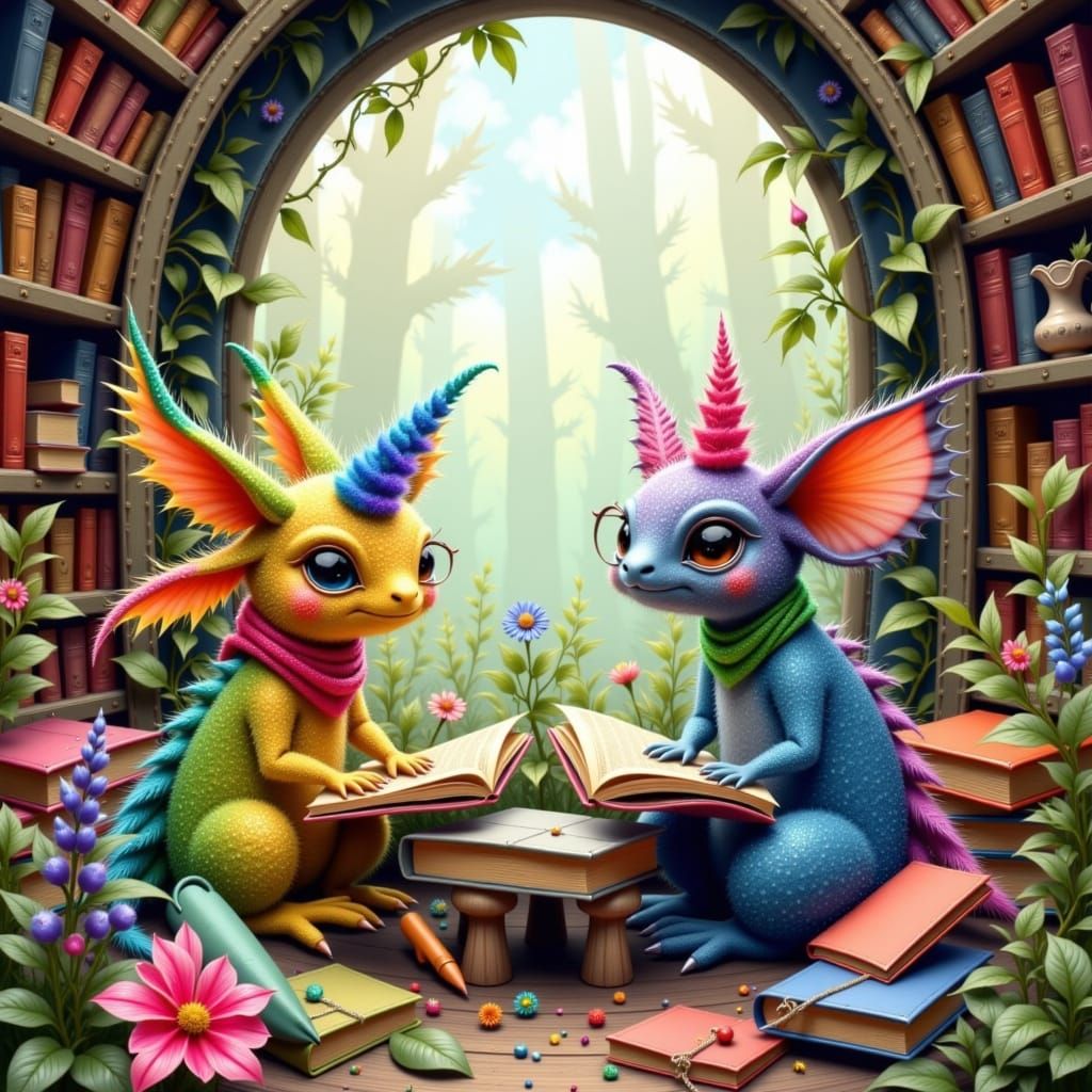 Whimsical Library Scene with Crayons in Watercolor Style