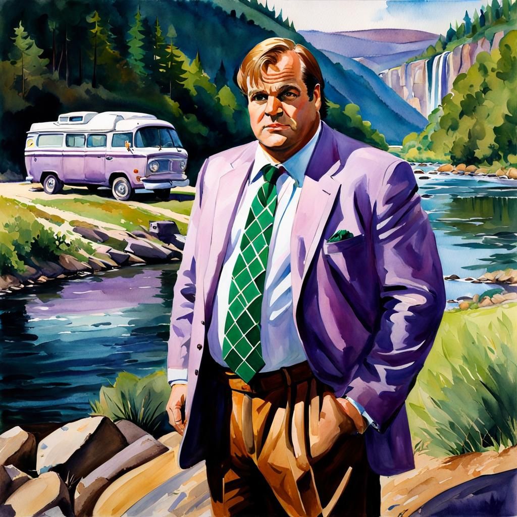 Chris Farley Van by River in Watercolor Style