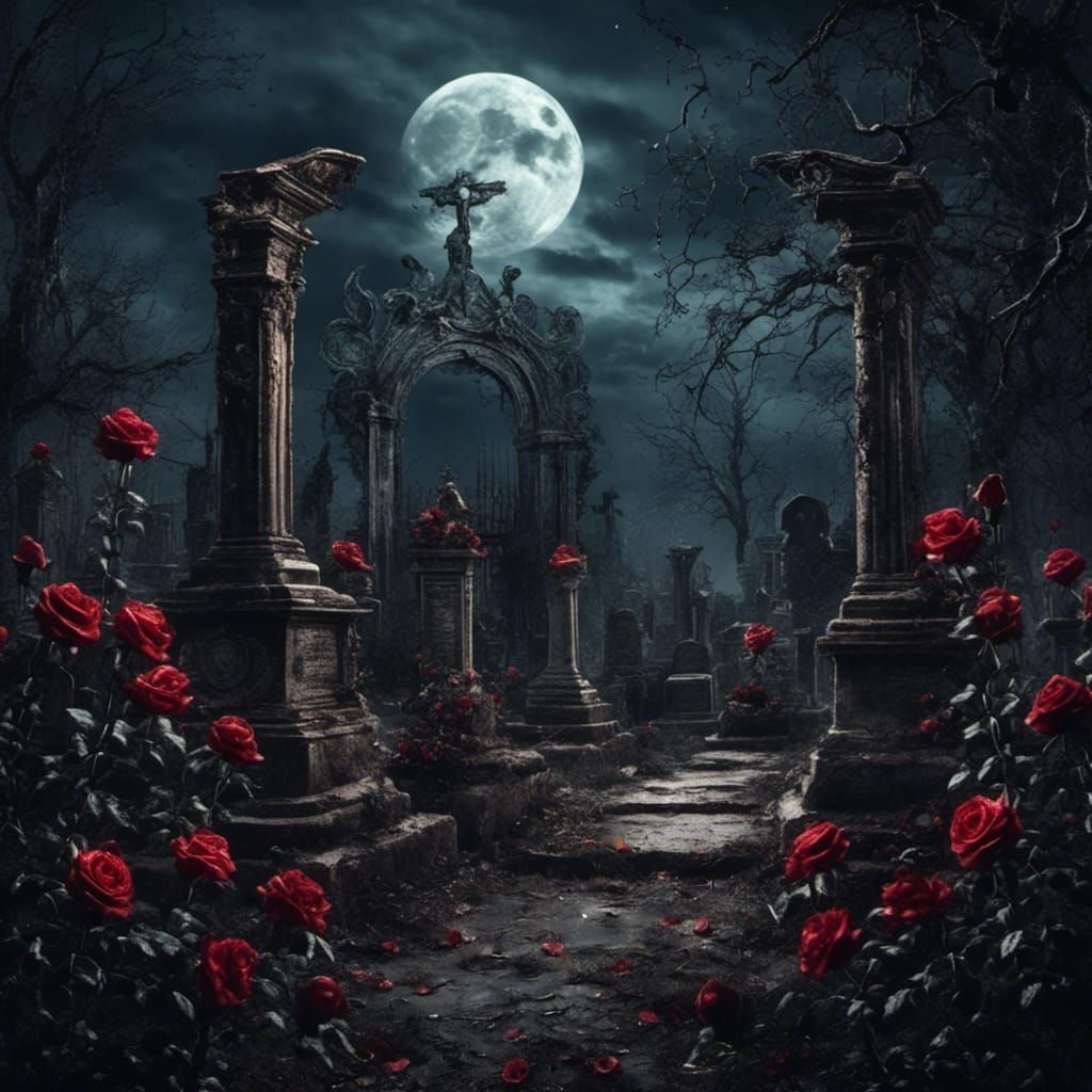 Moonlit Graveyard with Roses in Gothic Style