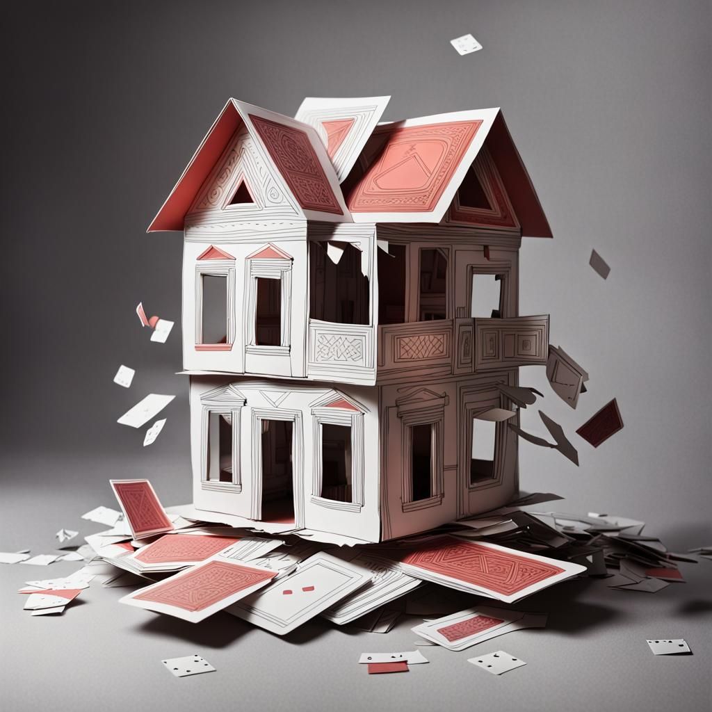 Collapsing Card House in Coloring Sheet Style