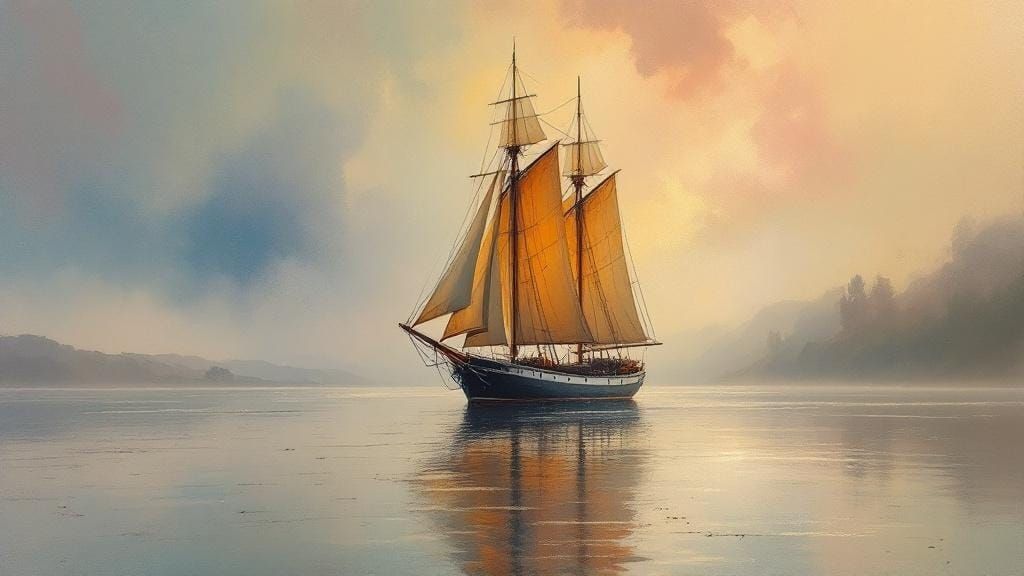 Sailing Ship on Calm Water as Impasto Painting