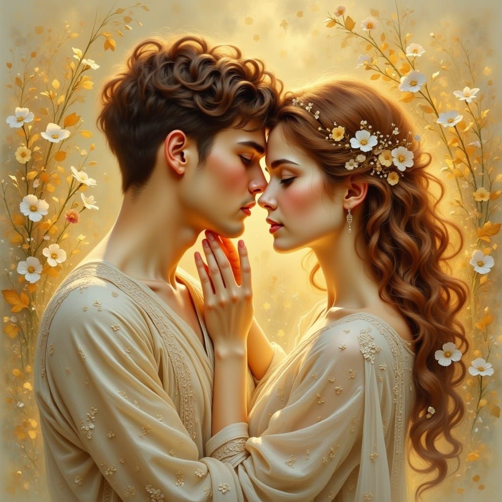 Intimate Moment of Love in Pre-Raphaelite Style