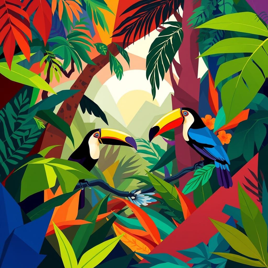 Toucans in a Vibrant Cubist Jungle