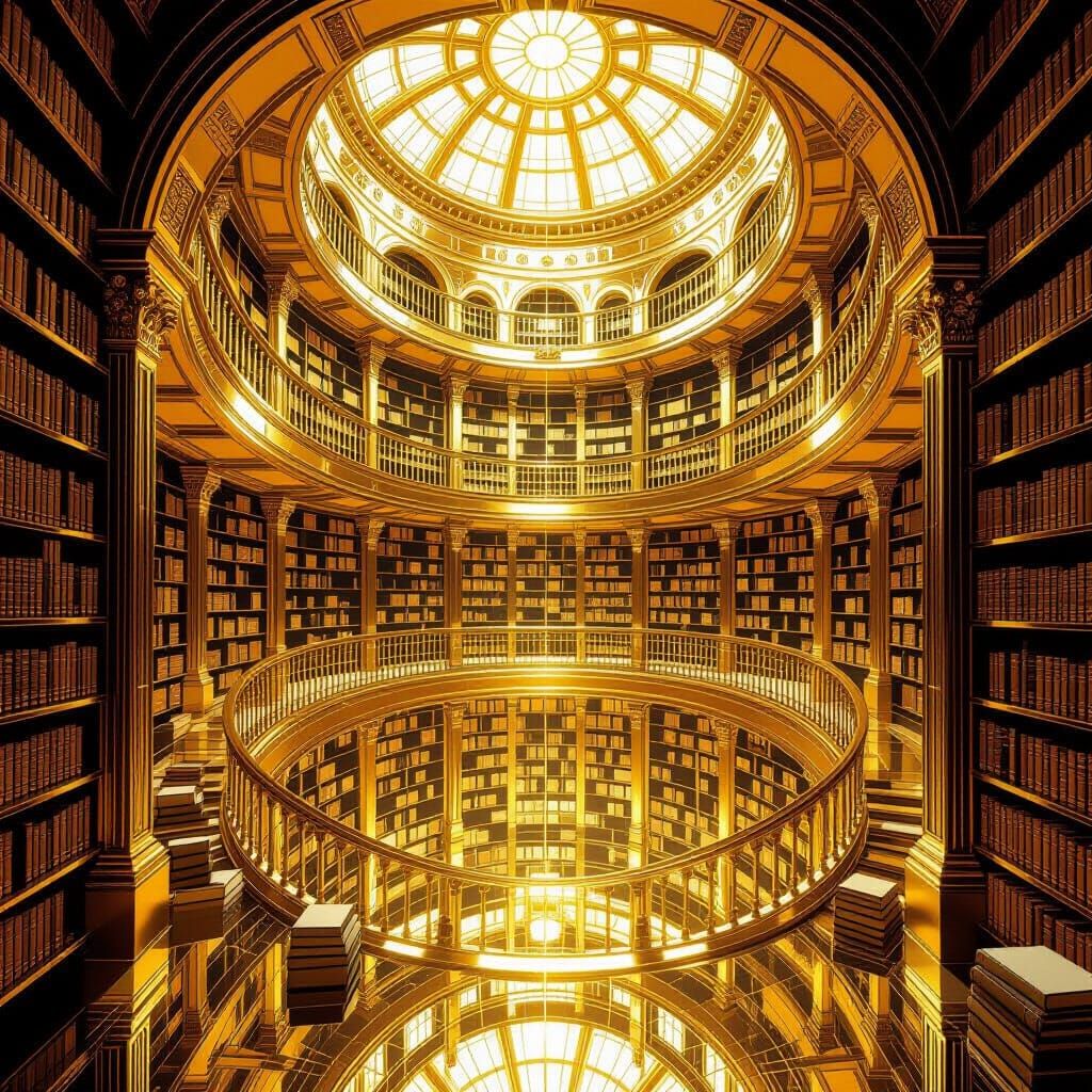 Surreal Library with Glowing Books in Escher Style