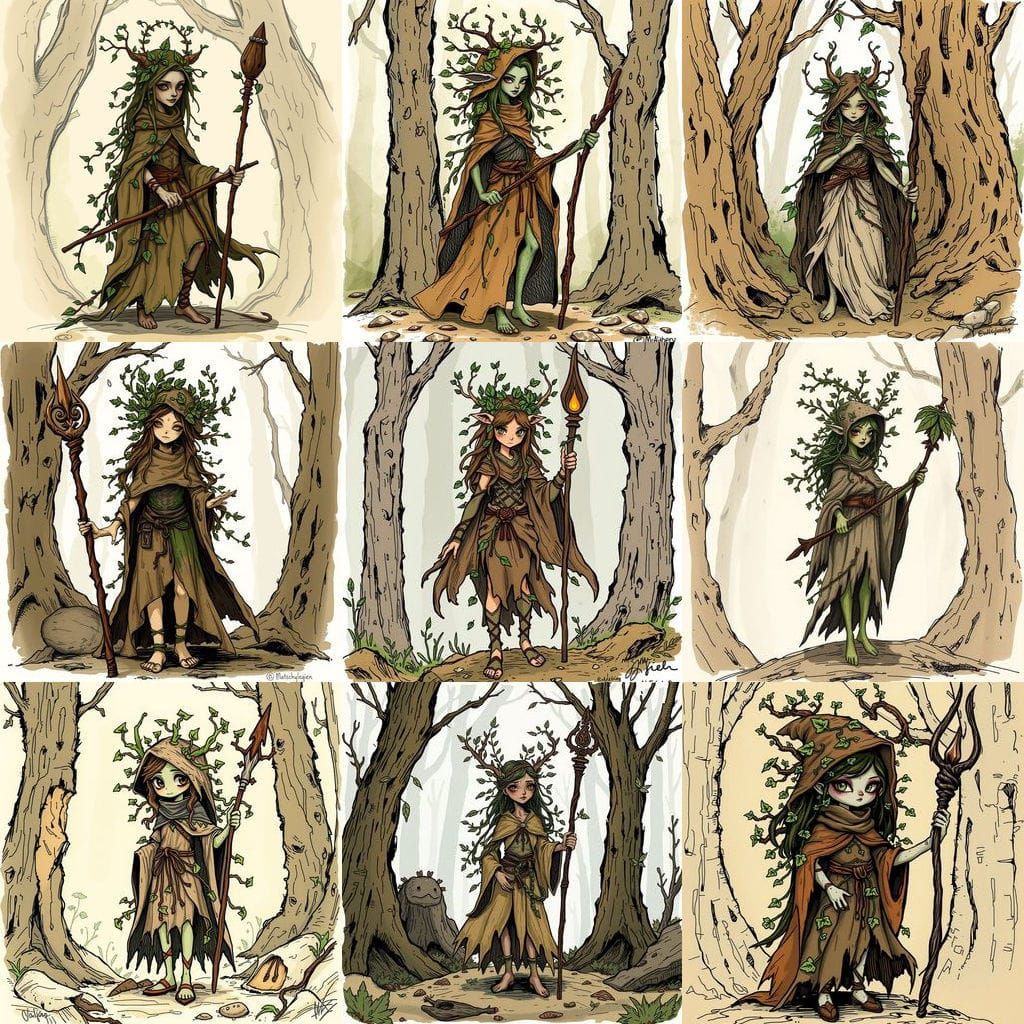 Dryad Valkyrie Witch in Rugged Forest, Sketch Art