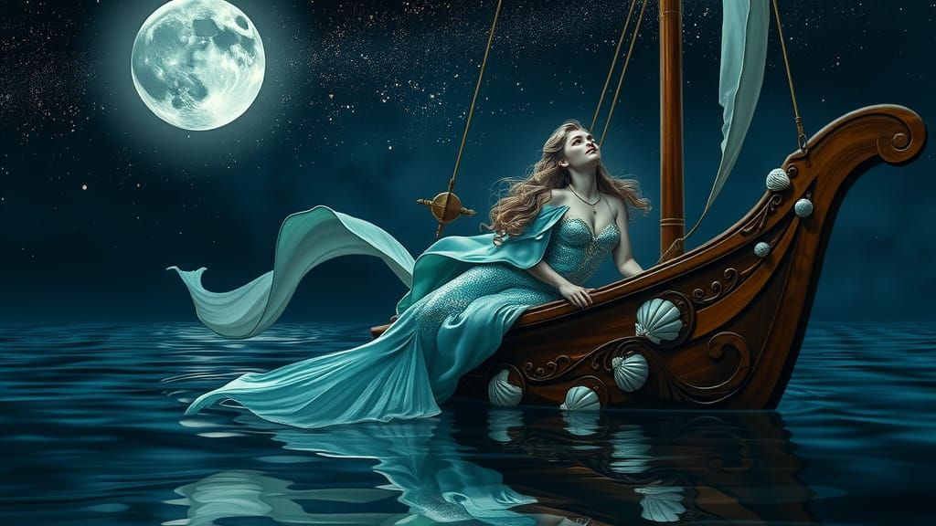 Ethereal Mermaid Sailing on Starry Ocean