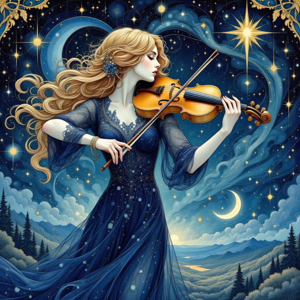 Celestial Violinist Conjuring Constellations in Art Nouveau ...