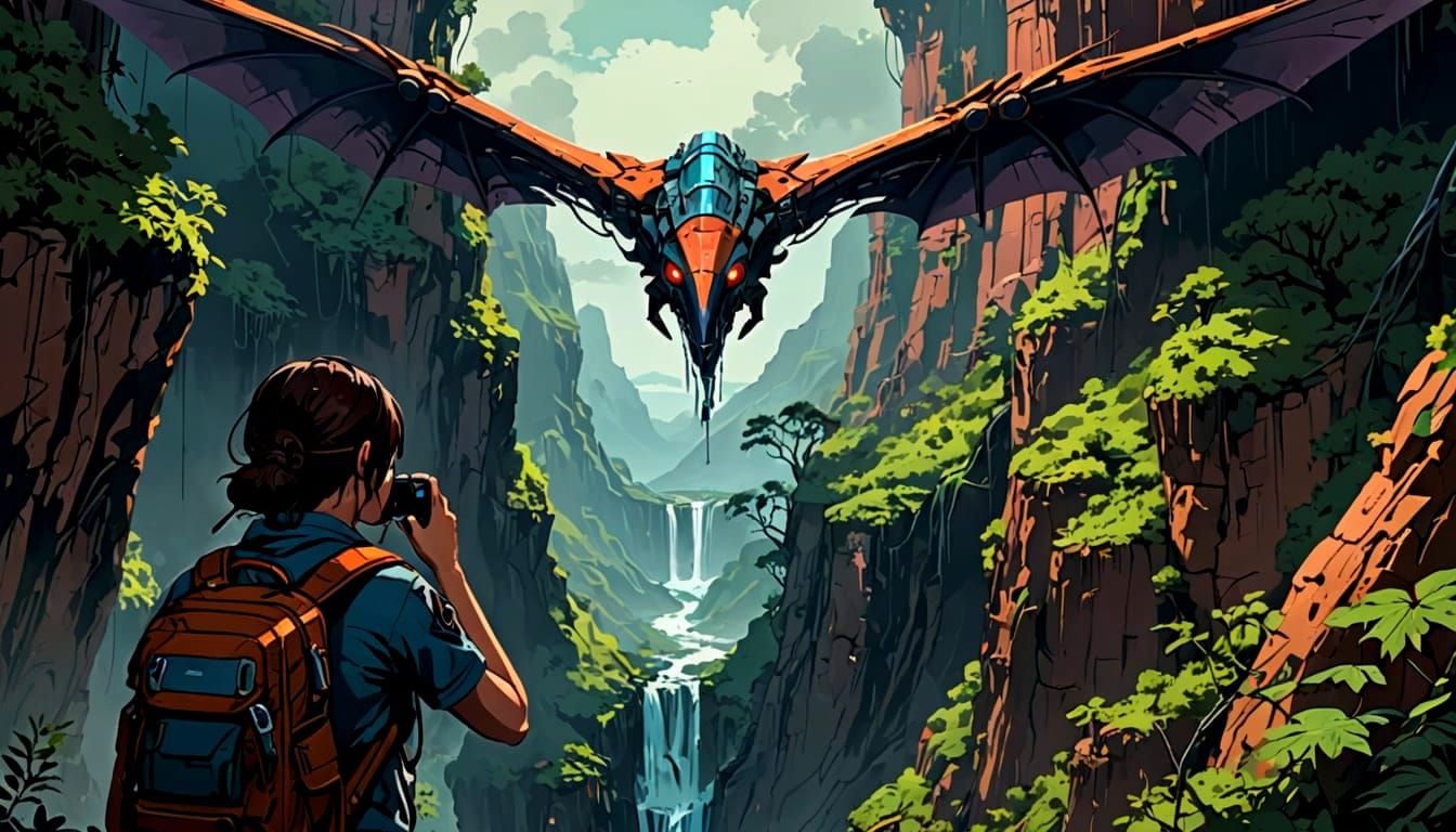 Explorer Captures Decaying Pterodactyl in Glitchcore Canyon