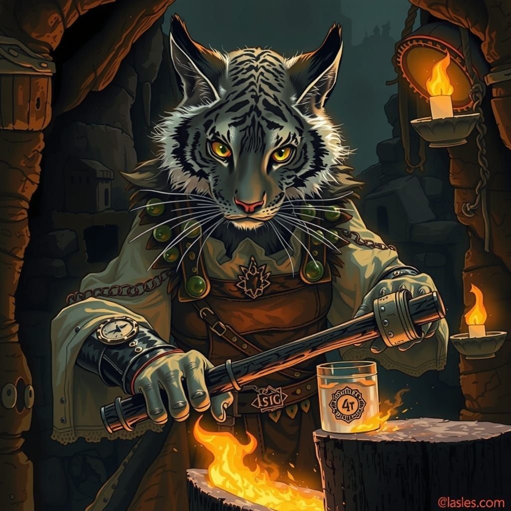 Medieval Catgirl Blacksmith in Mysterious Cave