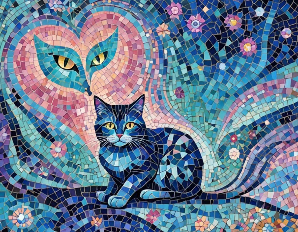 Psychedelic Mosaic Cat in Bohemian Style