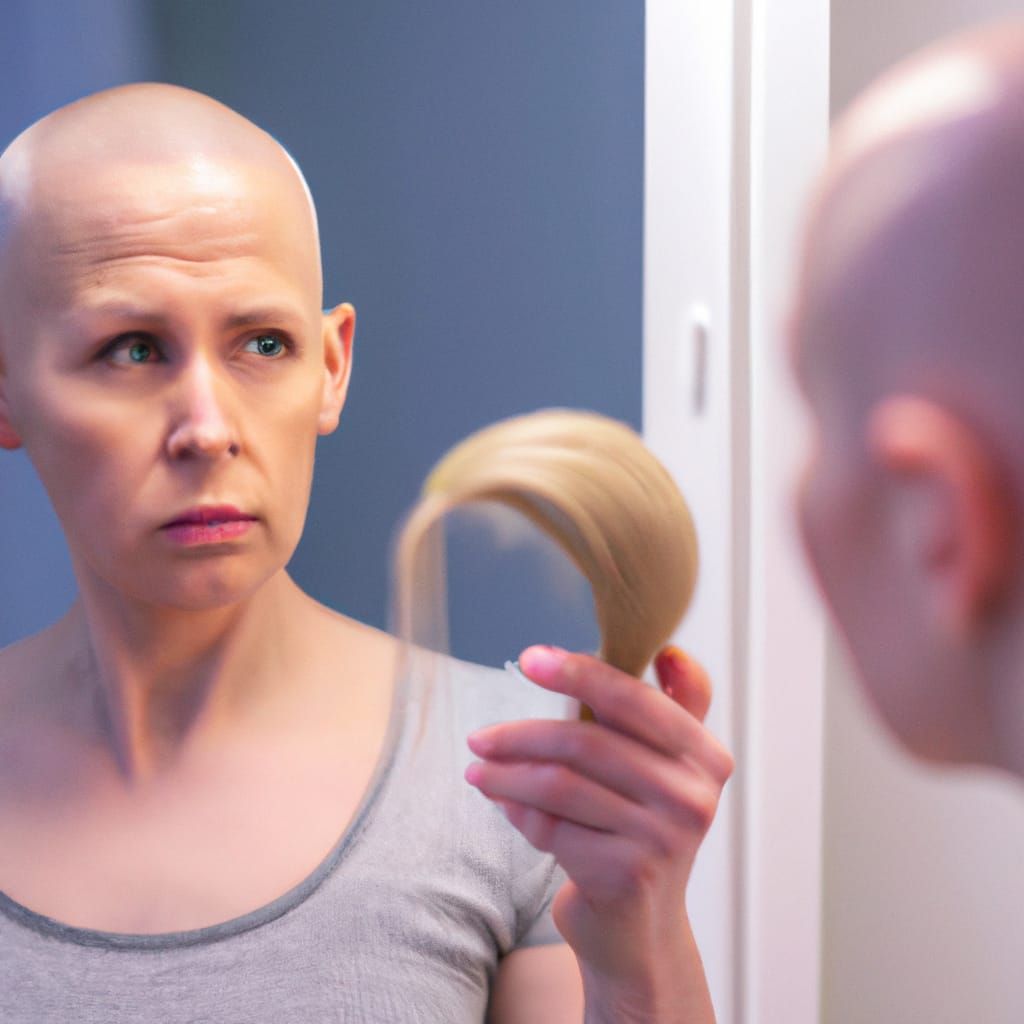 Contemplative Woman with Wig Looks in Mirror