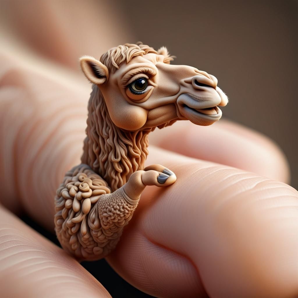 Microscopic Cartoon Camel on Human Finger