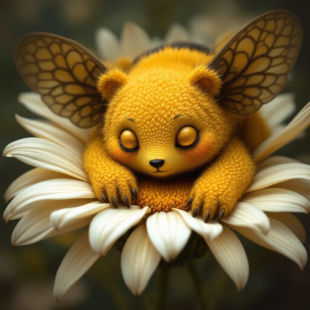 Golden Brown Bee Bear in Serene Floral Setting