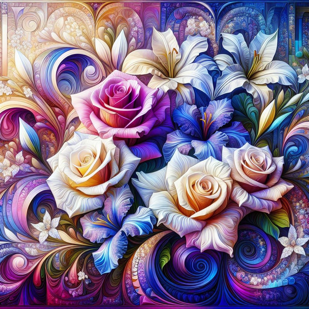 Fractal Art Deco Floral Design in Violet and White