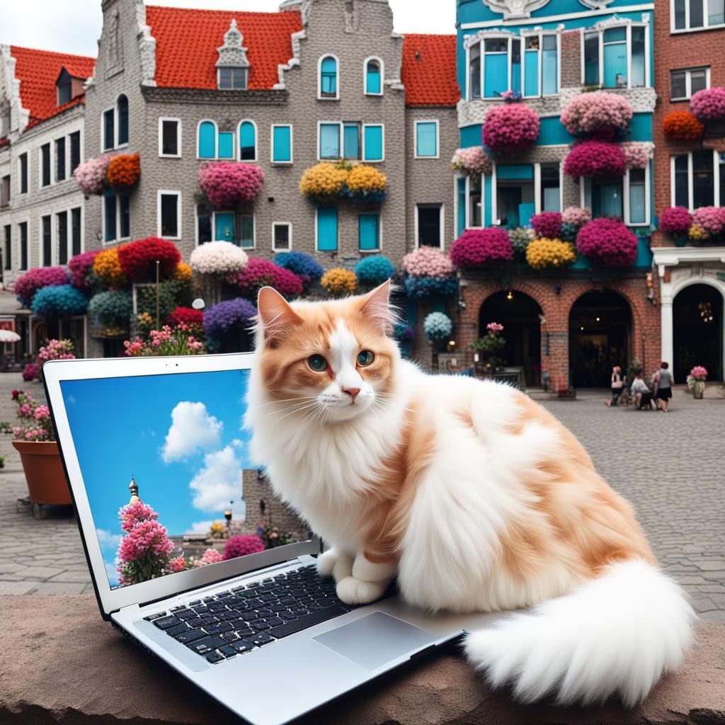 Crochet Laptop With Cat, City and Flowers